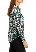 Petite Houndstooth Print Long Sleeve Button Front Blouse