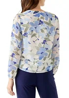 Women's Floral Print Button Front Blouse with Blouson Sleeves