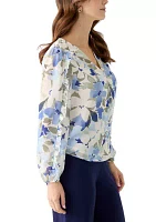 Women's Floral Print Button Front Blouse with Blouson Sleeves