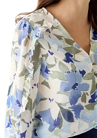 Women's Floral Print Button Front Blouse with Blouson Sleeves