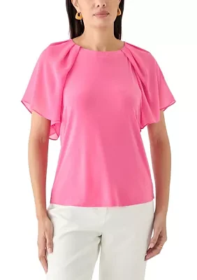 Women's Mixed Media Flutter Sleeve Knit Top