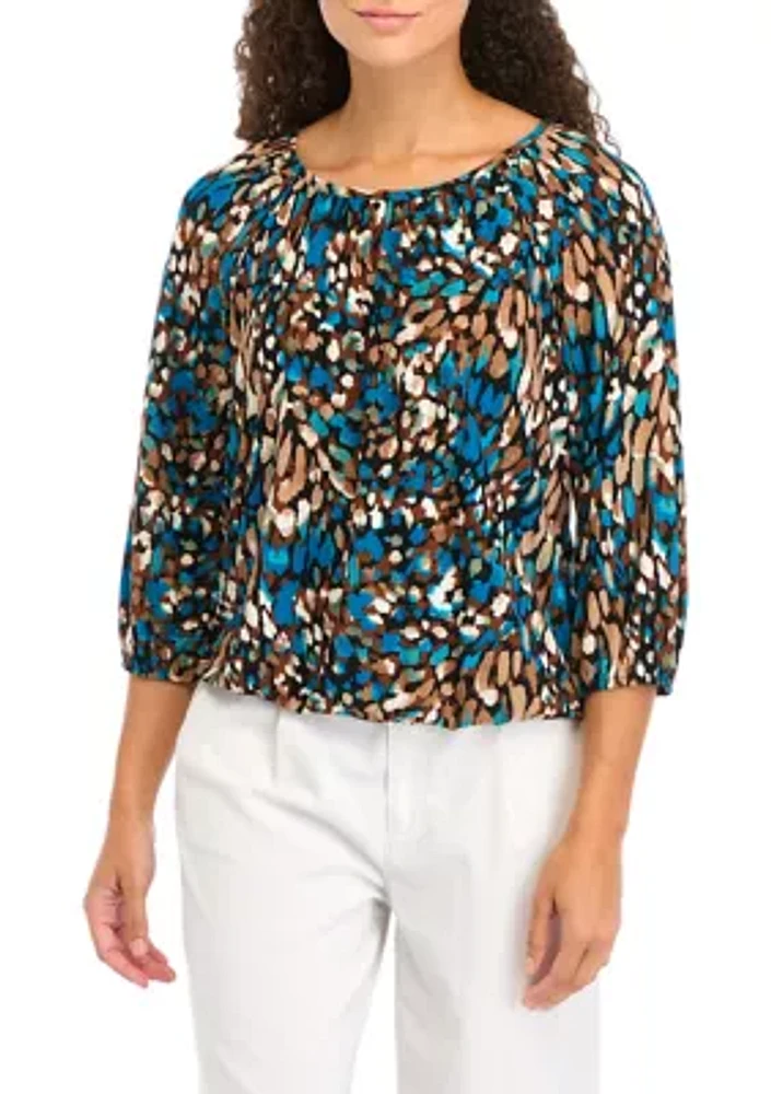 Petite Printed 3/4 Sleeve Shirred Peasant Top with Elastic Hem