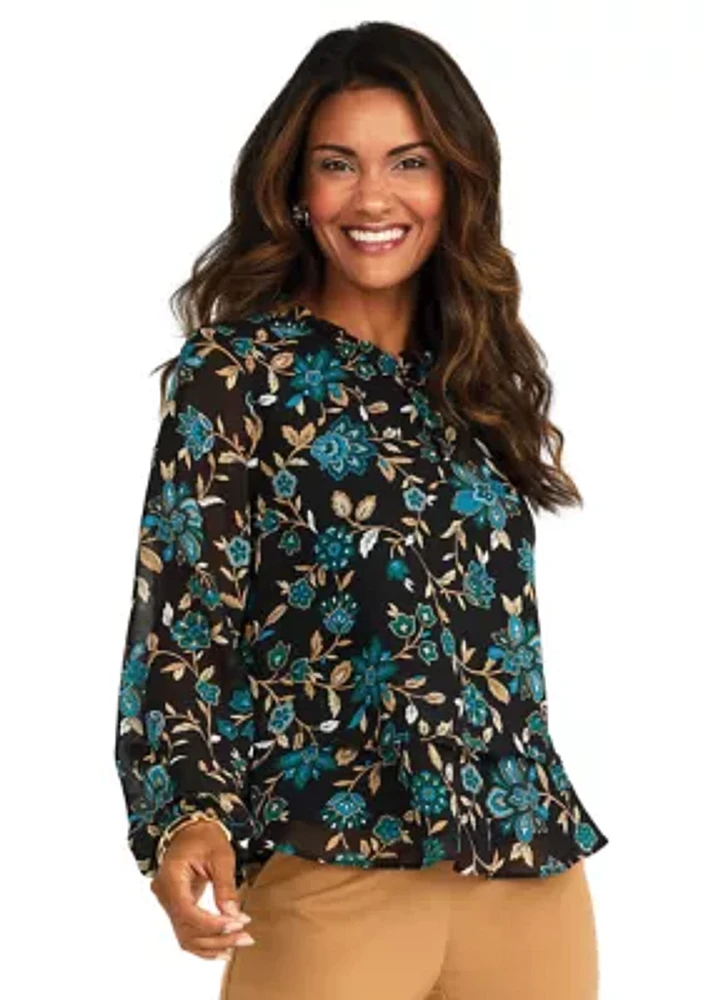Petite Long Sleeve 2 Tier Ruffle Neck Blouse