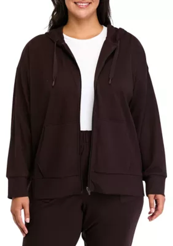 Plus Long Sleeve Fleece Rib Zip Up Hoodie
