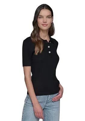 Women's Short Sleeve Ribbed Polo Sweater