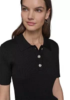 Women's Short Sleeve Ribbed Polo Sweater