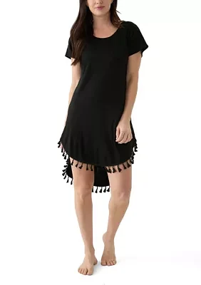 Women's Short Sleeve Solid Swim Cover Up Dress with Tassel Hem