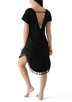Women's Short Sleeve Solid Swim Cover Up Dress with Tassel Hem