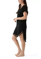 Women's Short Sleeve Solid Swim Cover Up Dress with Tassel Hem