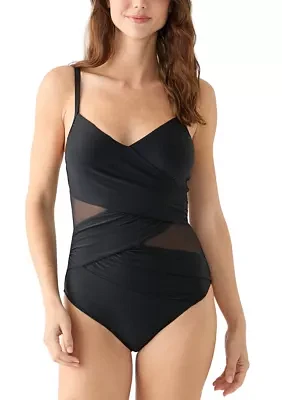 Solid Wrap Front Shirred One Piece Swimsuit