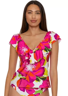 Bloom Ruffle Plunge Printed Tankini Swim Top