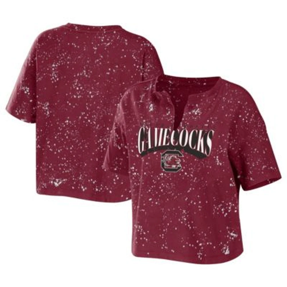 NCAA South Carolina Gamecocks Bleach Wash Splatter Cropped Notch Neck T-Shirt