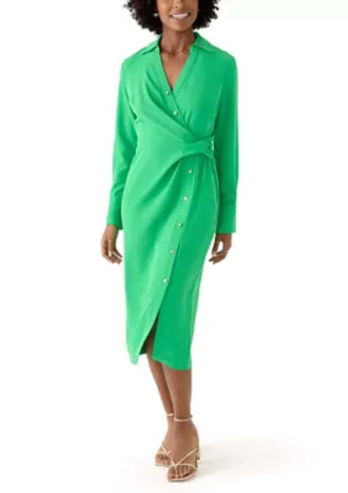 Women's Long Sleeve Button Trim Collar Knit Dress