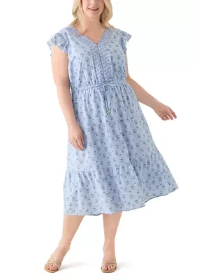 Plus Flutter Sleeve Twin Print Tiered Midi Dress