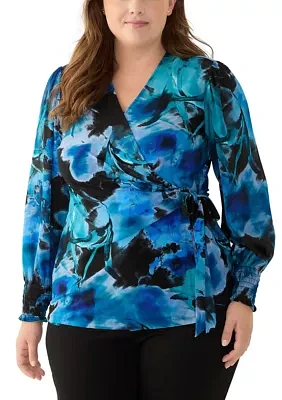 Plus Long Sleeve Printed Wrap Top