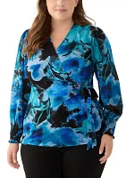 Plus Long Sleeve Printed Wrap Top
