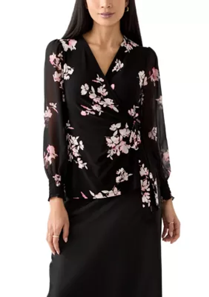 Petite Long Sleeve Smocked Wrap Top