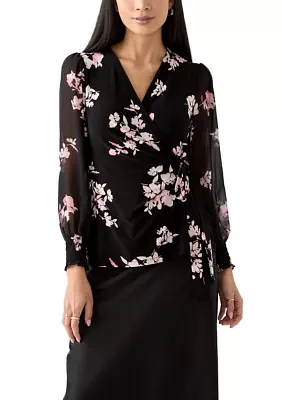 Petite Long Sleeve Smocked Wrap Top