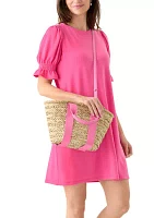Straw Bucket Crossbody with Color Handle