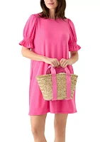 Straw Bucket Crossbody with Color Handle