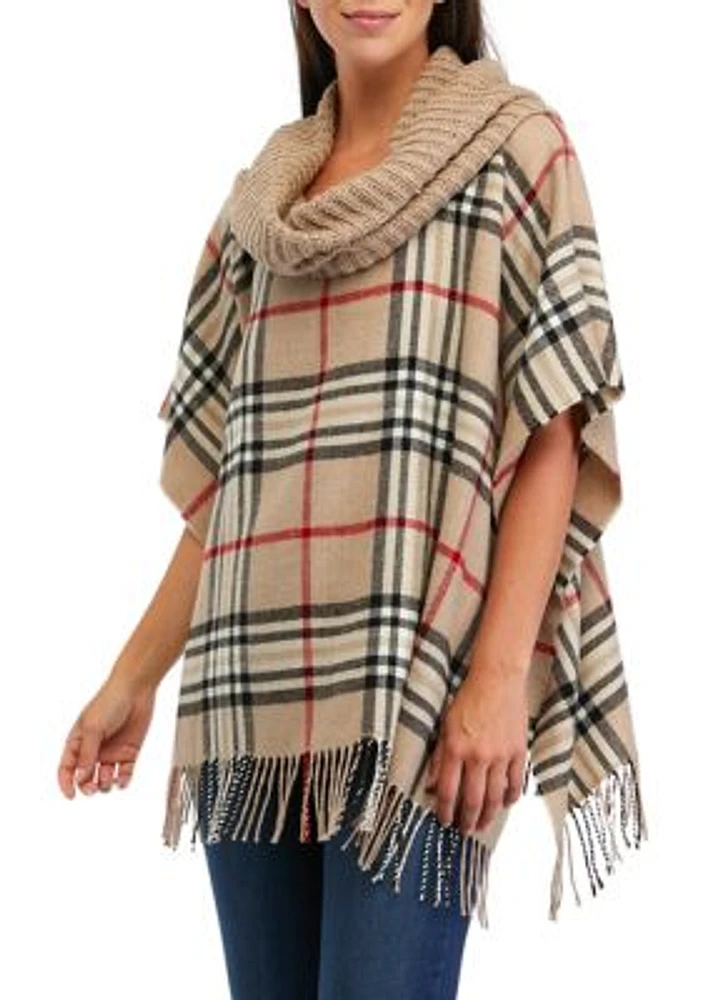 Plaid Poncho with Knit Collar