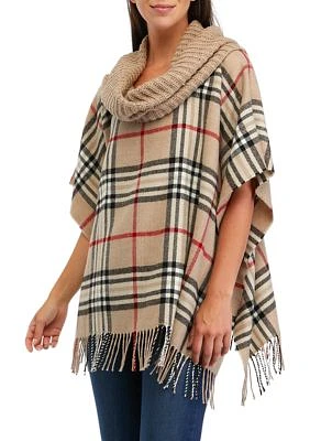 Plaid Poncho with Knit Collar