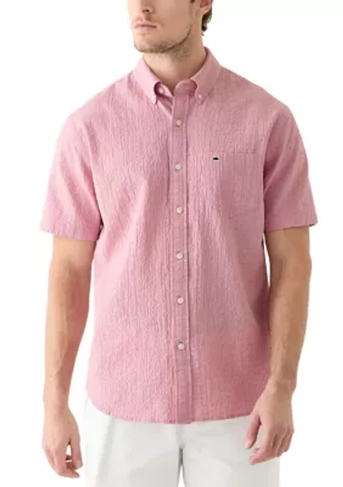 Short Sleeve Solid Crinkle Button Down Shirt
