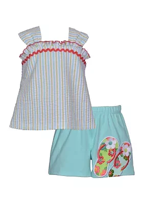 Toddler Girls Two Piece Seersucker Top and Flip Flop Shorts Set