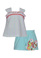 Toddler Girls Two Piece Seersucker Top and Flip Flop Shorts Set