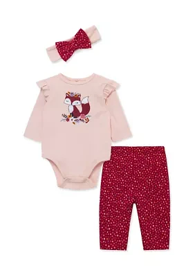 Baby Girls Cute Fox Bodysuit and Printed Pants Set with Headband