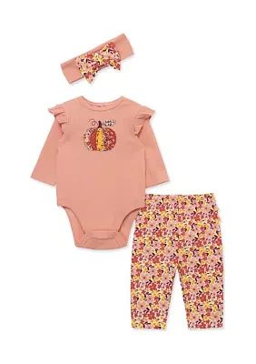 Baby Girls Pumpkin Bodysuit and Pants Set with Headband