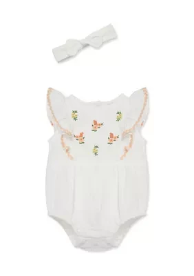 Baby Girls Flowers Bubble Bodysuit with Headband