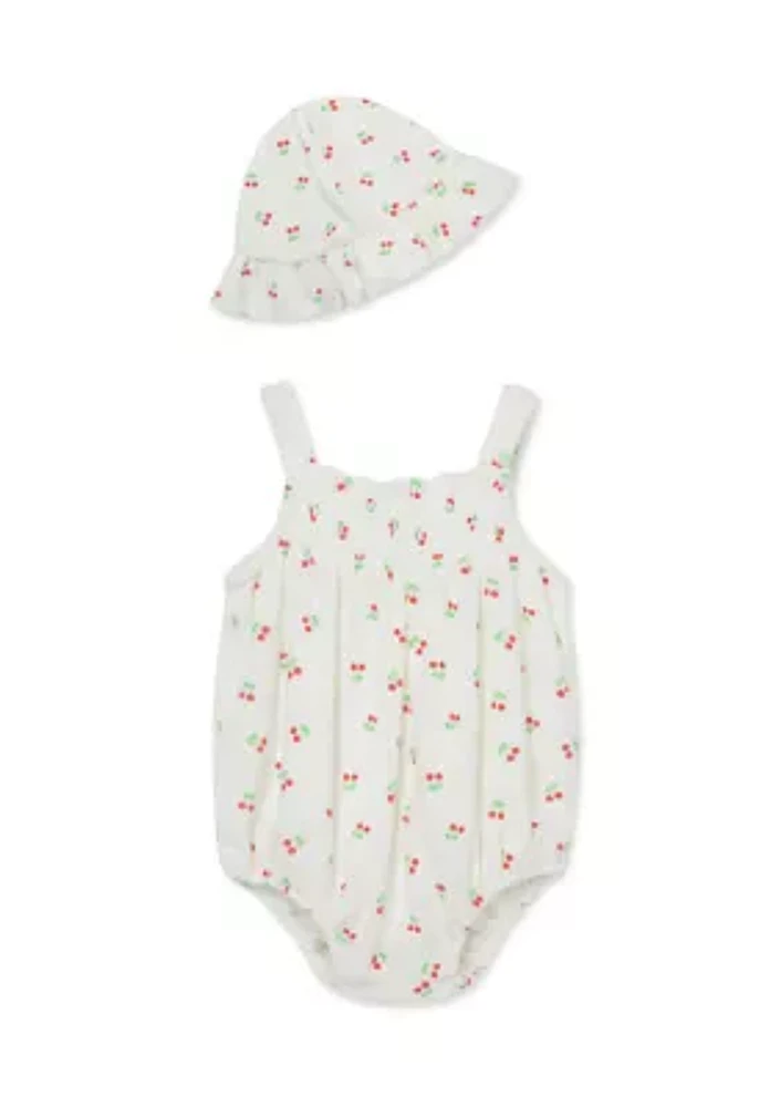 Baby Girls Cherries Bubble Bodysuit with Hat