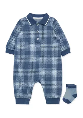 Baby Boys Plaid Printed Coverall with Socks