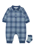 Baby Boys Plaid Printed Coverall with Socks
