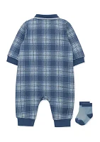 Baby Boys Plaid Printed Coverall with Socks