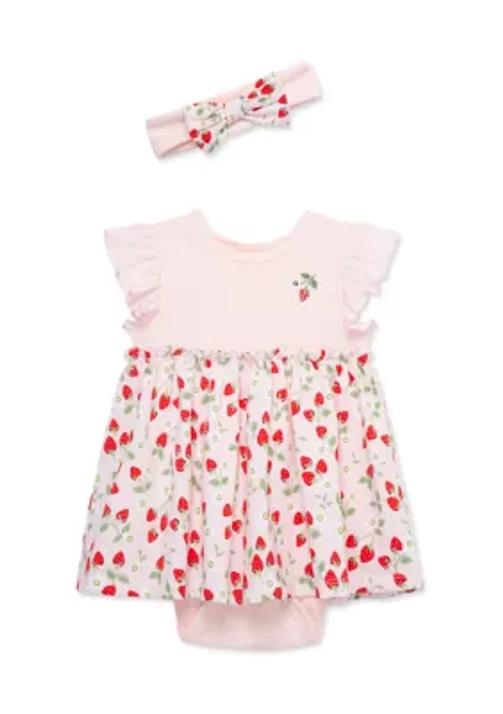 Baby Girls Strawberries Bodysuit Dress with Headband