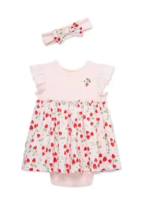 Baby Girls Strawberries Bodysuit Dress with Headband