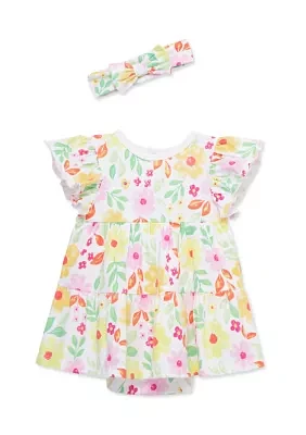 Baby Girls Happy Floral Bodysuit Dress with Headband
