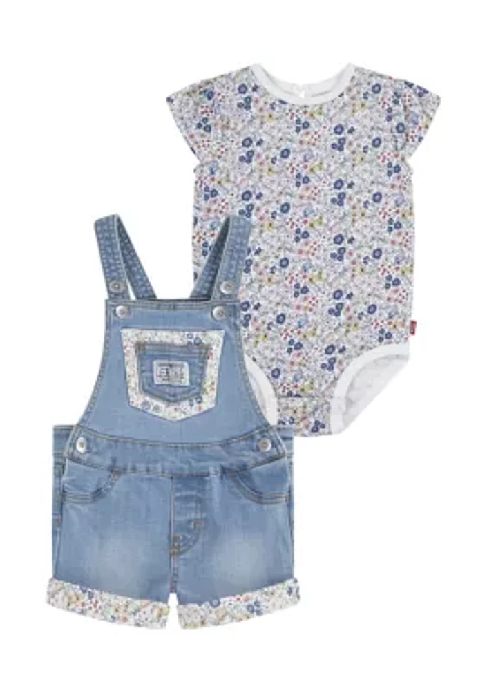 Baby Girls Rolled Cuff Shortall and Printed Bodysuit Set