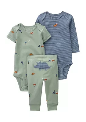 Baby Boys 3 Piece Dinosaur Bodysuit and Pants Set