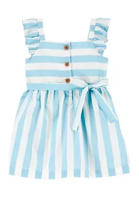 Baby Girls Flutter Sleeve Ruffle Poplin Stripe Dress