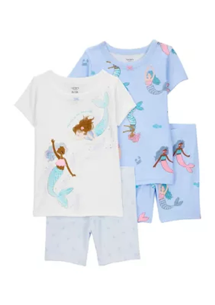 Toddler Girls Mermaid Printed 4 Piece Pajama Set