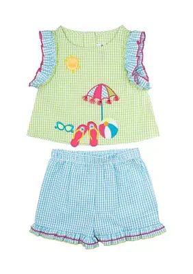 Toddler Girls Beach Appliqué Seersucker Top and Shorts Set