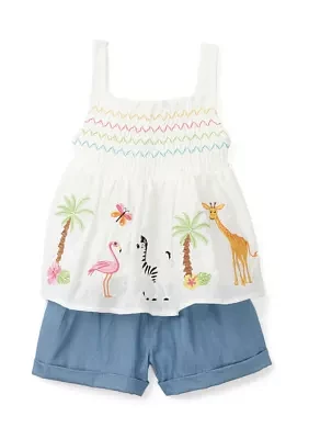 Toddler Girls Tropical Embroidered Top and Shorts Set
