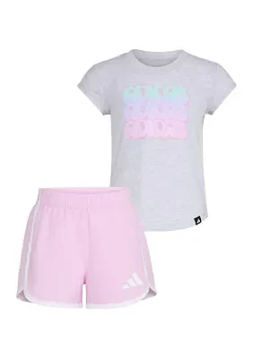 Toddler Girls Two-Piece Cap Sleeve Heather T-Shirt & Woven Short Set