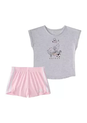 Baby Girls Two Piece Short Sleeve Graphic Heather T-Shirt & Mesh Shorts Set
