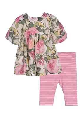 Girls 4-6x Floral Printed Top and Stripe Leggings Set