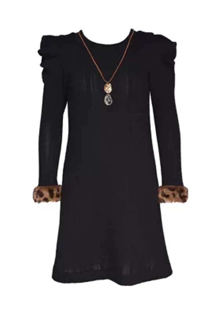 Girls 7-16 Knit Dress with Faux Fur Cuffs and Necklace