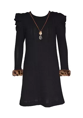 Girls 7-16 Knit Dress with Faux Fur Cuffs and Necklace